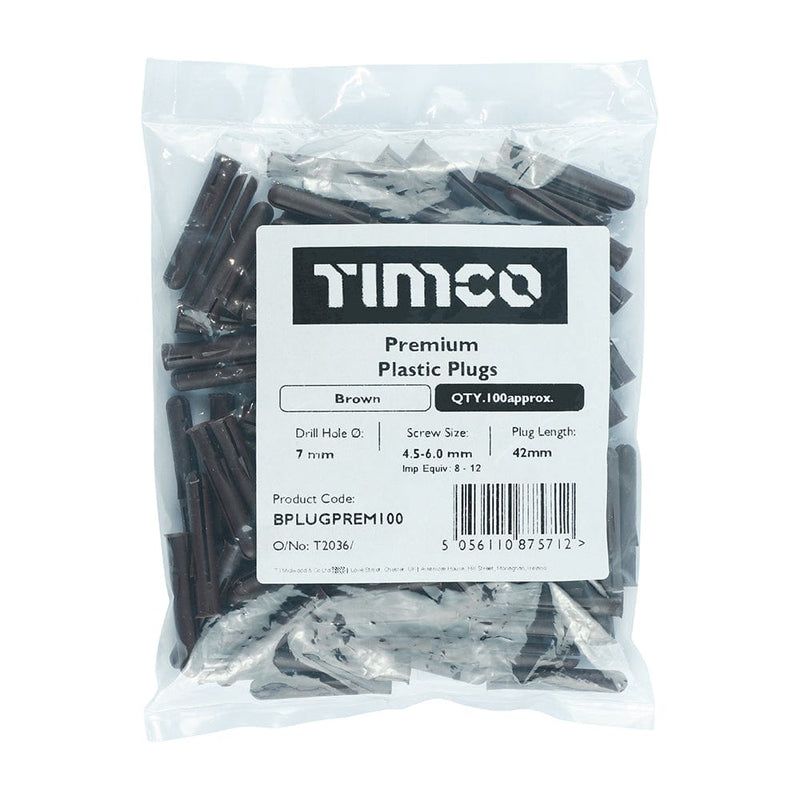 Timco - Prem Plastic Plug 100 - Brown 42mm - 100 PCS