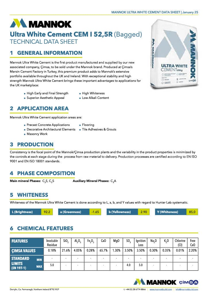 Mannok Ultra White Cement Snowcrete 52.5n High Stregth 25kg | Render & Decorative Use